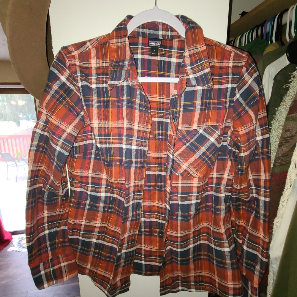 Patagonia Orange and Blue Plaid Button Down Shirt
